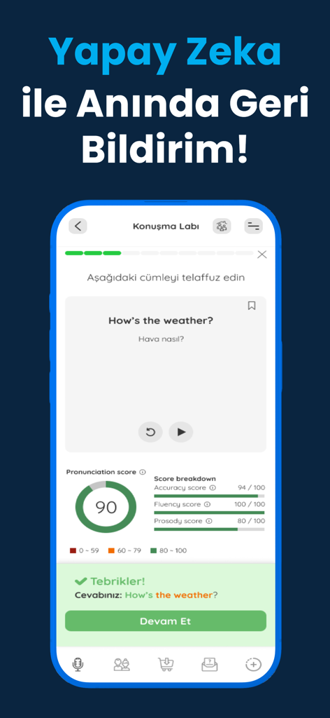 Konuşarak Öğren İngilizce - トルコ人学習者向けの英語の発音スコアとAIフィードバックを表示するモバイルアプリの画面