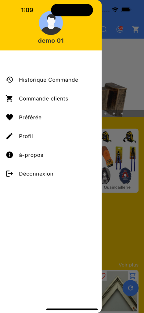 El Wafa Plus - Side menu of the El Wafa Plus app displaying options for order history and customer management
