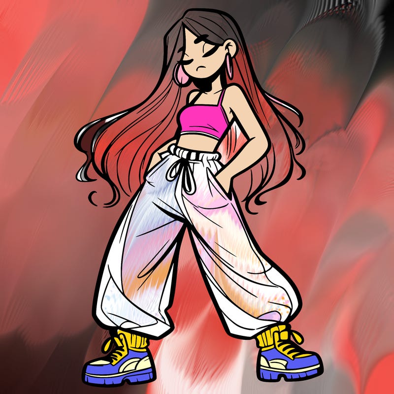 girl in baggy pants crop top and long hair