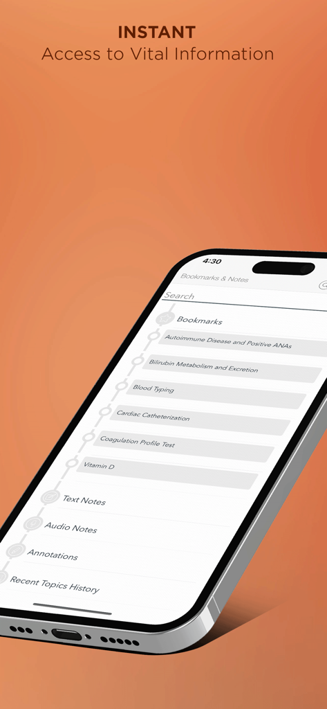 Mosby’s Diag and Lab Test Ref - A mobile interface of the Mosby medical app showing bookmarked diagnostic tests and personal notes.