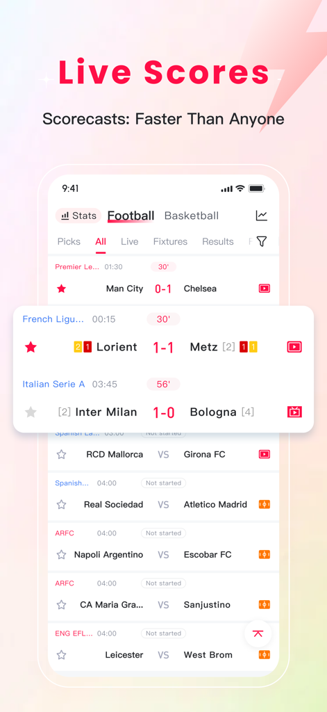 Z8Score mobile app interface showing real-time soccer scores and match data for various international leagues.