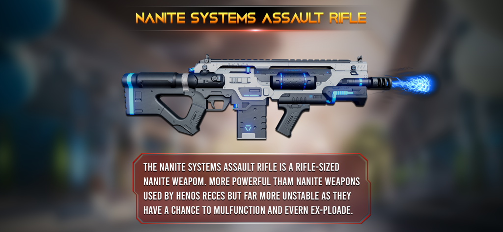 Gun Sound Simulator - Fake Gun - A futuristic Nanite Systems assault rifle with blue neon lights and electric muzzle flash effects.