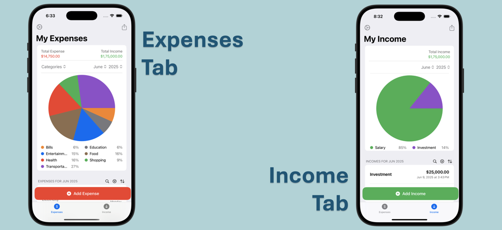 Expense Trail - Budget Tracker - Screenshots of the Expense Trail budget tracker app showing the Expenses and Income tabs with pie charts and manual entry buttons.