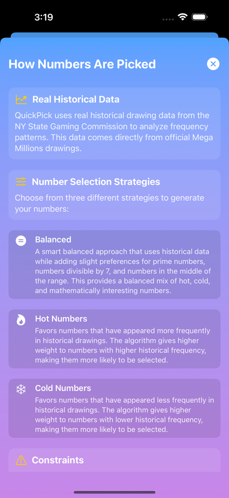 QuickPick Lottery - A screen explaining different number selection strategies like Balanced, Hot Numbers, and Cold Numbers for Mega Millions