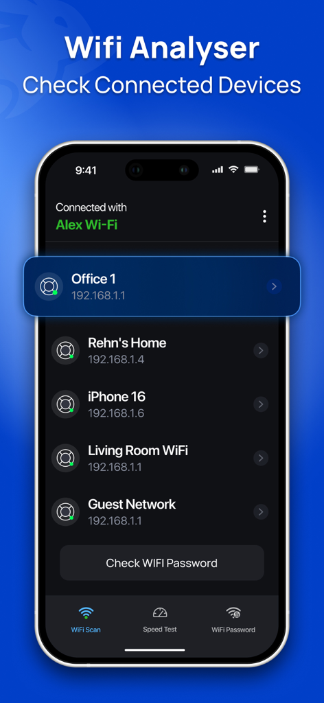 Wifi Analyser: Password Map - Interface of Wifi Analyser app showing a list of connected devices like iPhone 16 and Guest Network with their IP addresses on a mobile screen.