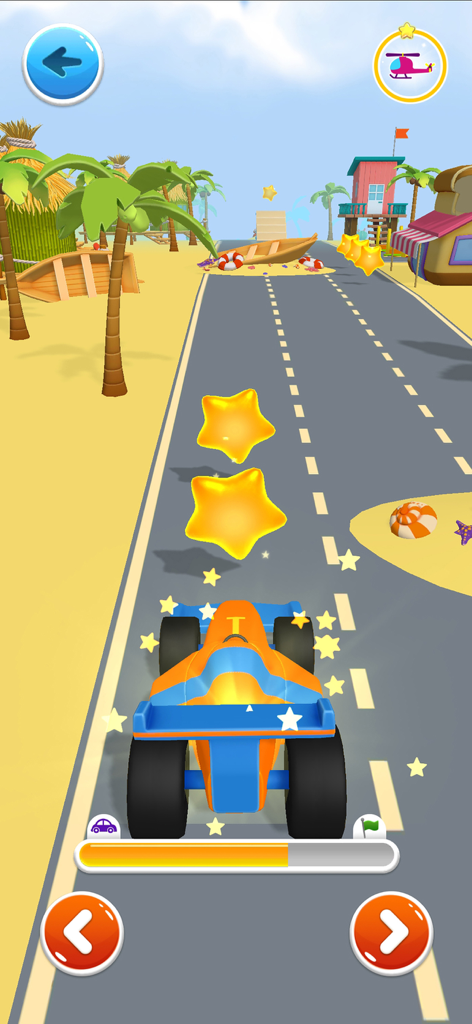 A colorful toy car racing on a beach track and collecting yellow stars
