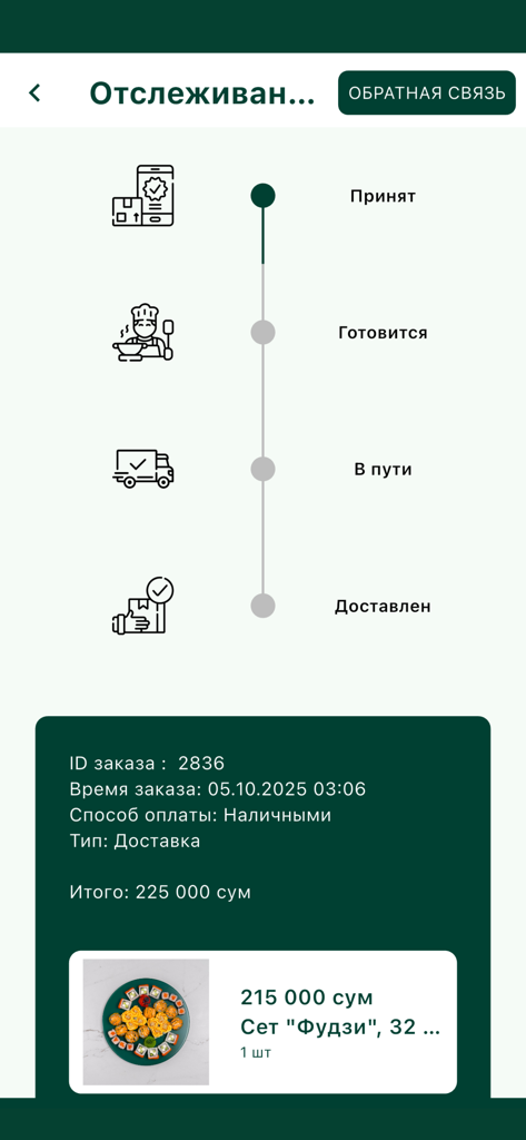 Captura de pantalla de la pantalla de seguimiento del estado del pedido de la aplicación móvil Rolling Sushi que muestra el estado de una entrega de sushi.