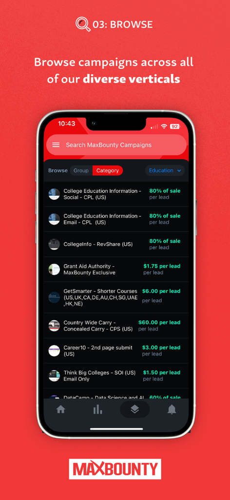 MaxBounty - MaxBounty mobile app interface showing a searchable list of affiliate marketing campaigns and payouts across diverse verticals.