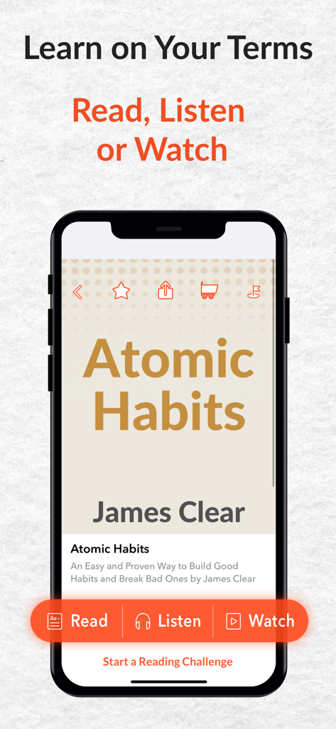 Mobile screen showing StoryShots app interface for Atomic Habits with options to read listen and watch