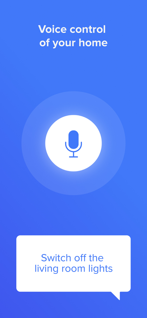 Interface for voice control in the Home plus Control app showing a microphone icon and a command to turn off lights