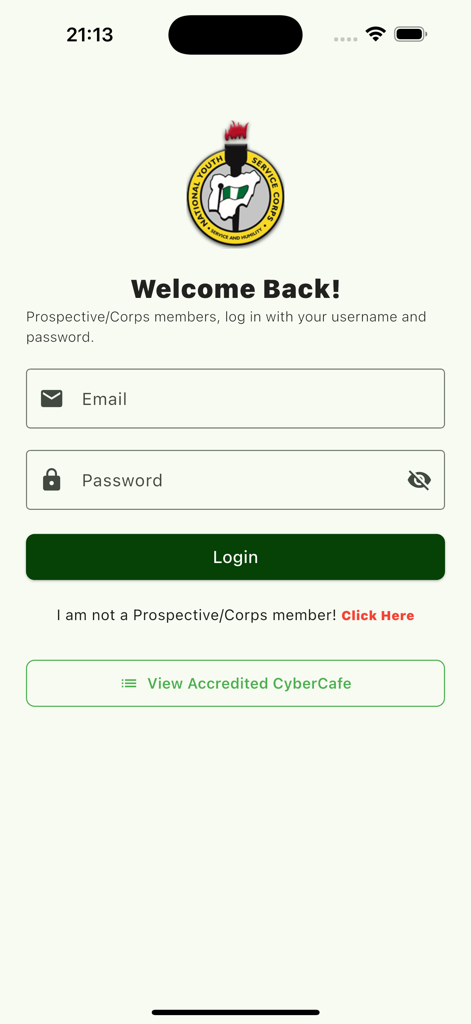 NYSC Official - Login screen of the NYSC Official mobile app featuring email and password input fields and a button to view accredited CyberCafes.