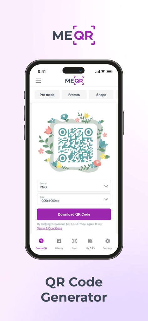 The Me QR app interface on a smartphone showing a custom QR code with a floral frame and download settings.