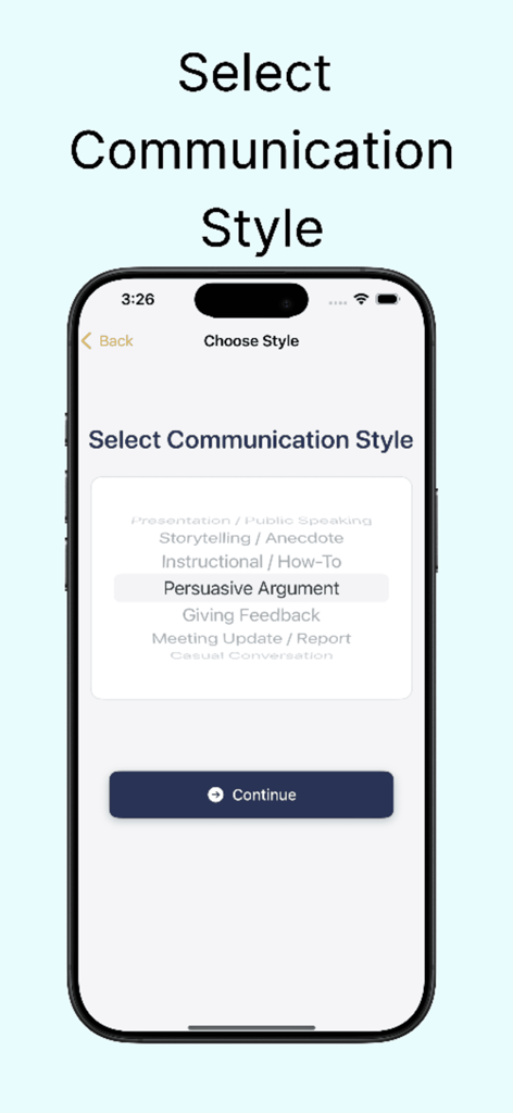 Eloquently - Pantalla de la aplicación Eloquently para elegir un estilo de comunicación para la práctica del discurso.