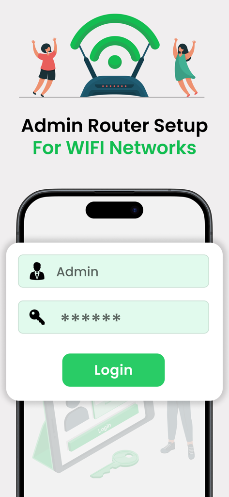 Tela de login do aplicativo Router Admin Setup mostrando campos de nome de usuário e senha em um smartphone