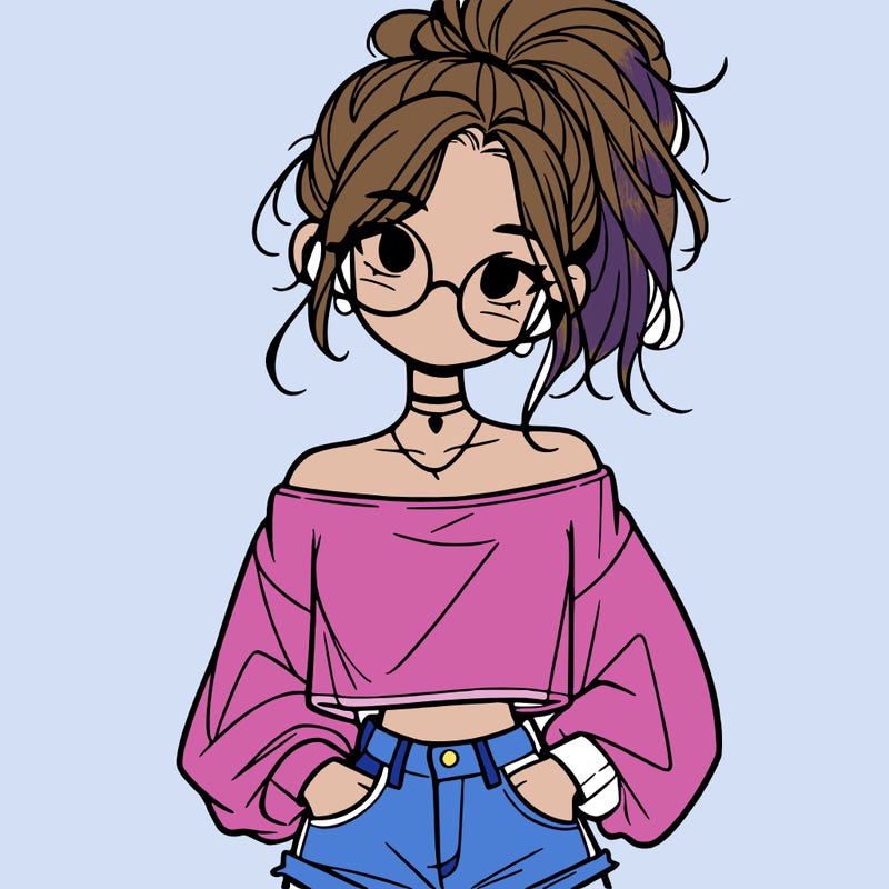 girl with a messy ponytail glasses a baggy crop top and jean shorts