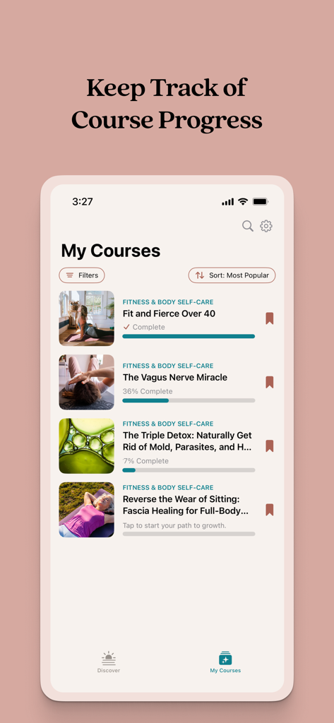 DailyOM Mindful Living Classes - DailyOM app interface showing a list of wellness courses with progress bars for tracking student completion.