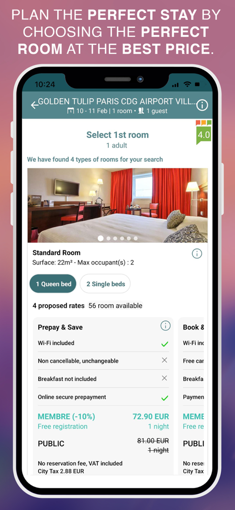 Selección de habitaciones de hotel y precios con descuento para miembros en la app móvil Louvre Hotels Group.