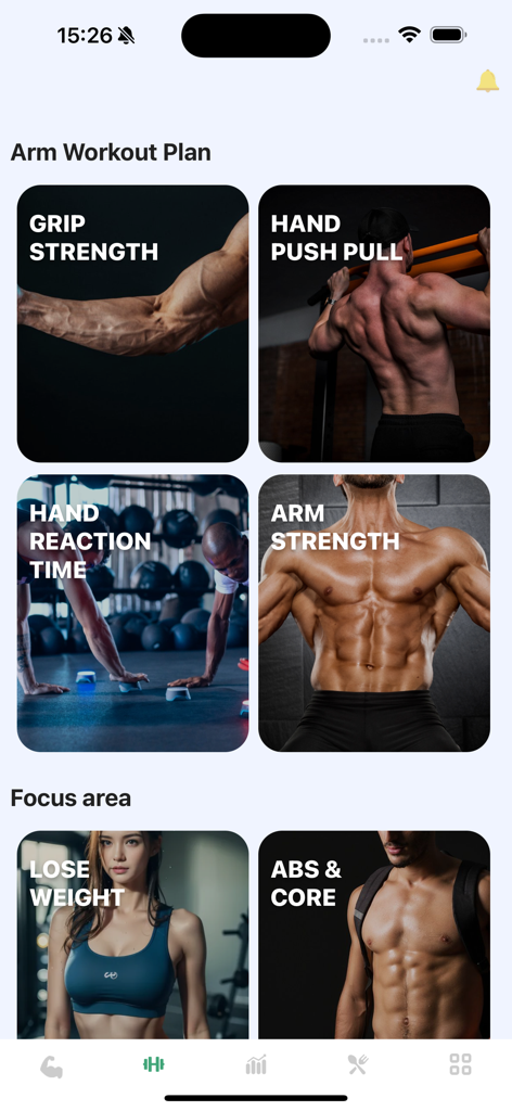 Arm Workout & Bicep Exercise#1 - Pantalla de aplicación móvil que muestra varias categorías de ejercicios, incluyendo fuerza de brazos, fuerza de agarre y enfoque en el core