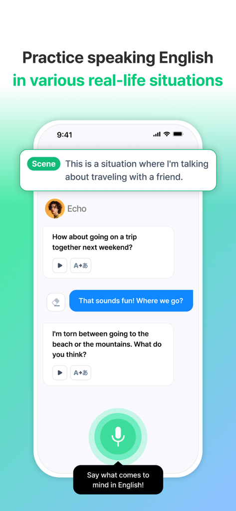 A mobile app screen showing an AI English speaking practice session in a real-life travel scenario.