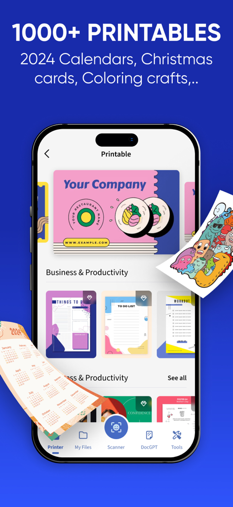 Smart Printer App - Air Print - iPhone screen displaying the Smart Printer App printable library with templates for business cards, to-do lists, and calendars.