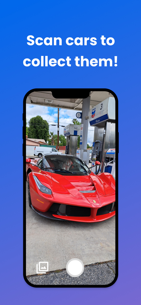 CarSpotter - Collect Cars - Mobile app interface showing a user scanning a red Ferrari at a gas station to add it to their virtual collection