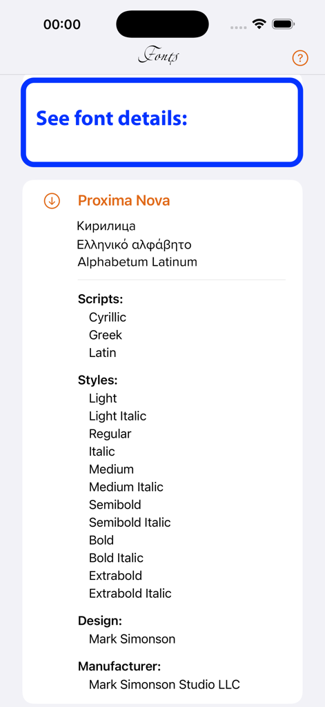 Font Orchard - Detailed view of the Proxima Nova font information in the Font Orchard app showing supported scripts and styles.