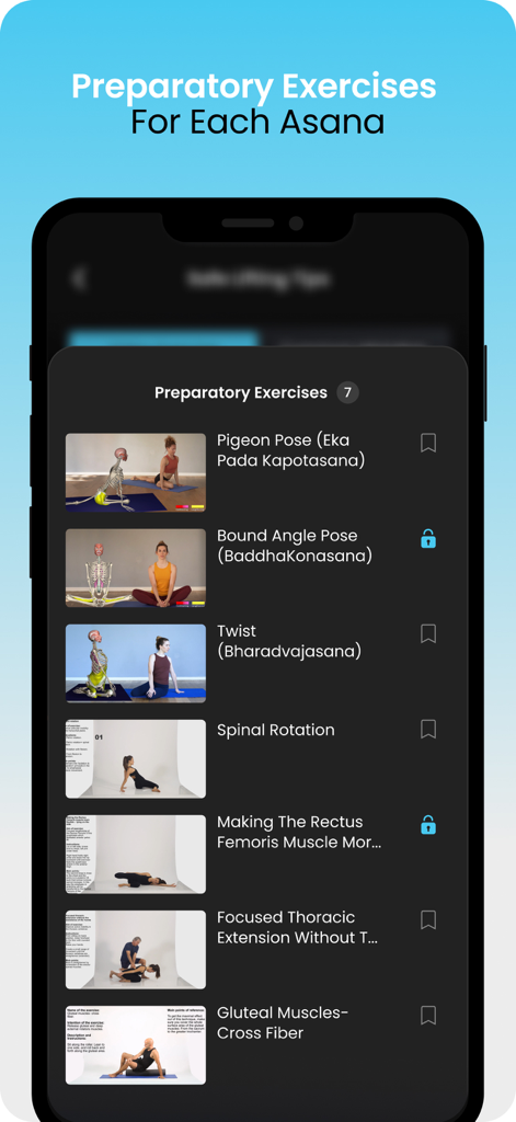 A list of preparatory exercises for yoga asanas with anatomical visuals and instructional videos.