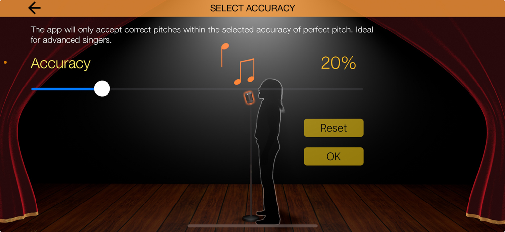 Select accuracy screen in the Voice Training app with a pitch accuracy slider