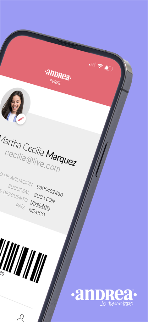 Andrea - Pantalla móvil que muestra un perfil de usuario en la app Andrea con información de afiliado y un código de barras