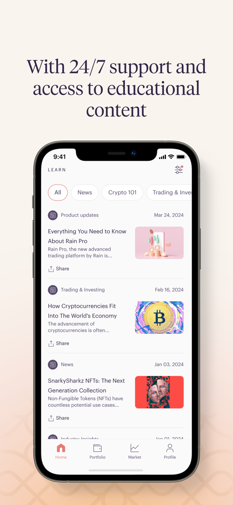 Interface of the Rain app showing educational articles and cryptocurrency news