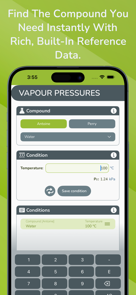 Vapour Pressures mobile app interface showing water vapor pressure calculation at 100 degrees Celsius.