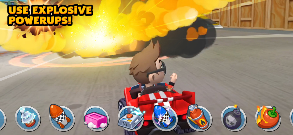 Boom Karts Multiplayer Racing - Un corredor de karts pasando una gran explosión en Boom Karts Multiplayer Racing mostrando varios iconos de potenciadores en la parte inferior