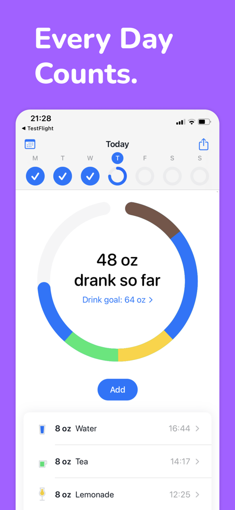 Drink Tracker by Hydro Coach - Daily hydration goal progress in the Hydro Coach app showing drinks logged