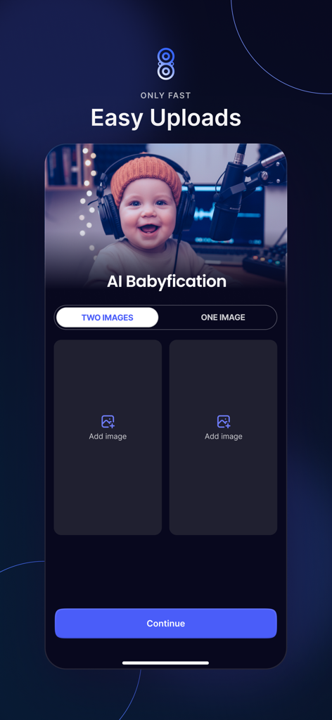 Pixlr-o-matic - Pixlr-o-maticアプリのインターフェース、AI赤ちゃん化テンプレートの簡単なアップロード画面を表示