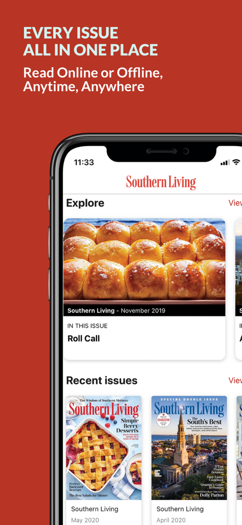 Southern Living Magazine - Southern Living Magazine app interface showing explore section with recipes and recent digital issues