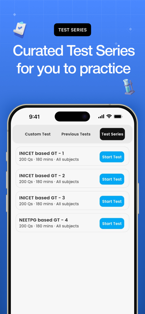 Reflex - NEET PG Preparation - Reflex app screen displaying curated test series for medical PG entrance exams including INICET and NEET PG
