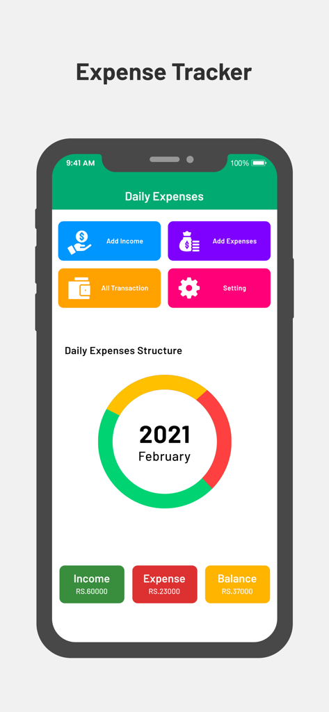 Budget Planner & Tracker - Un panel móvil que muestra gastos diarios, ingresos y saldo con un resumen de gráfico circular colorido.