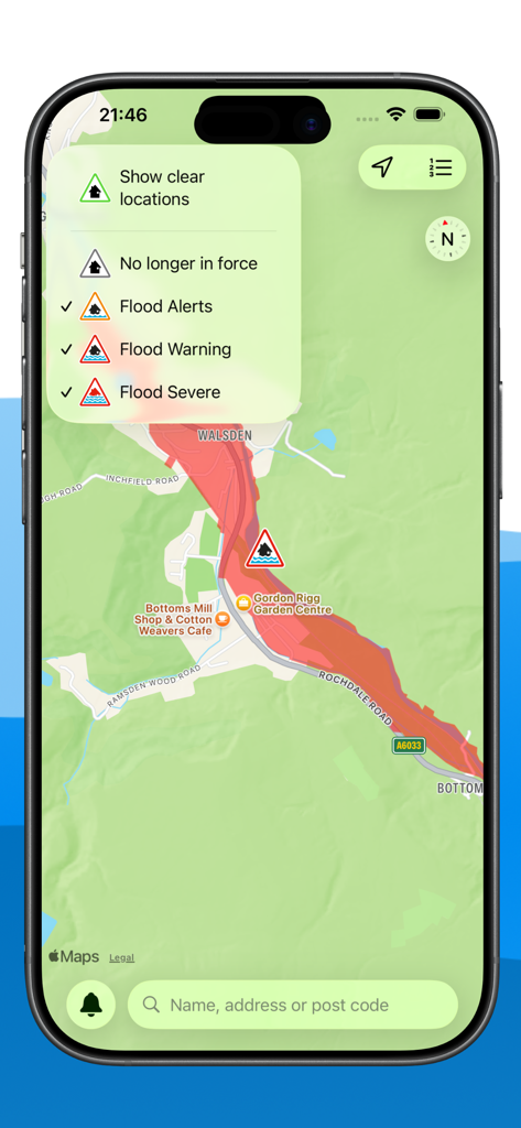 Flood Alert Watcher - Interactive map interface of the Flood Alert Watcher app showing flood warning zones and a filter menu for different alert levels.