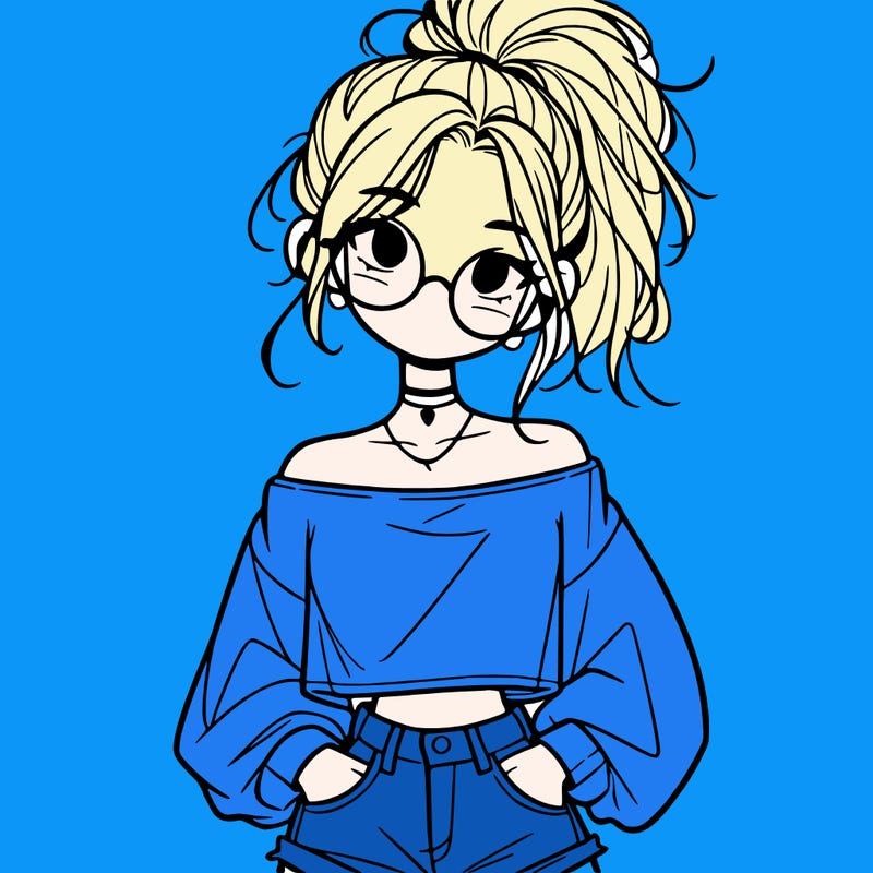 girl with a messy ponytail glasses a baggy crop top and jean shorts