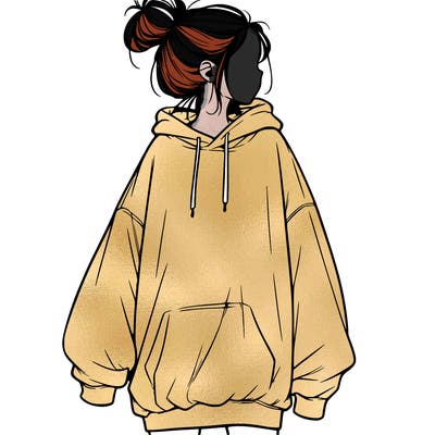 realistic girl with a oversized sweatshirt on and a bun