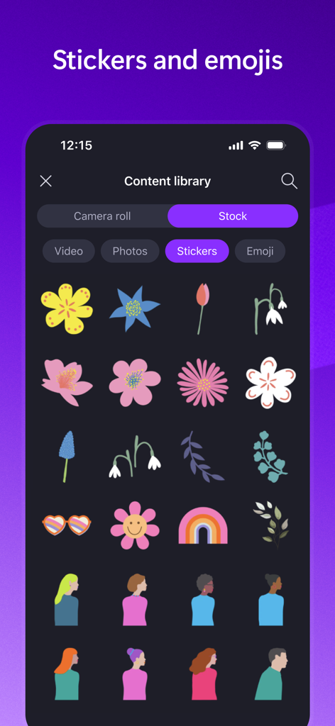 A library of flower and character stickers within the Microsoft Clipchamp mobile video editor