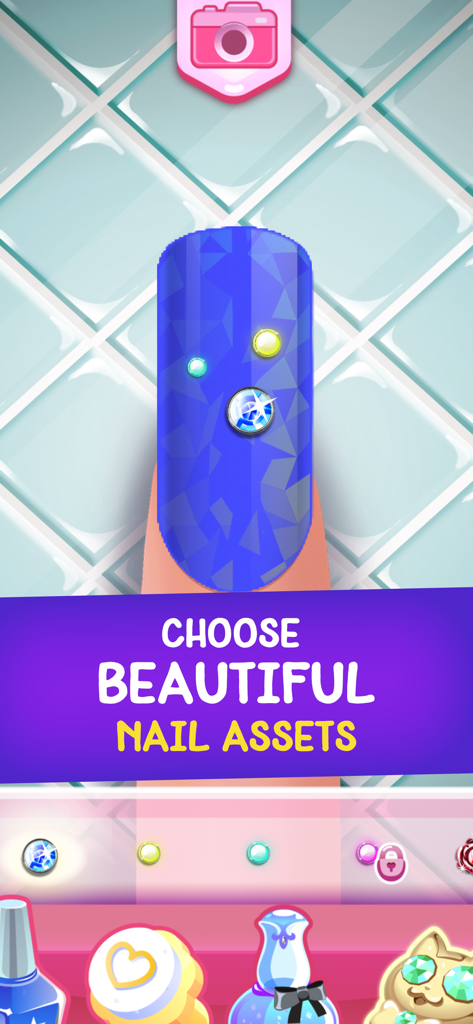 A blue nail decorated with rhinestones in the Nail Makeover game app.