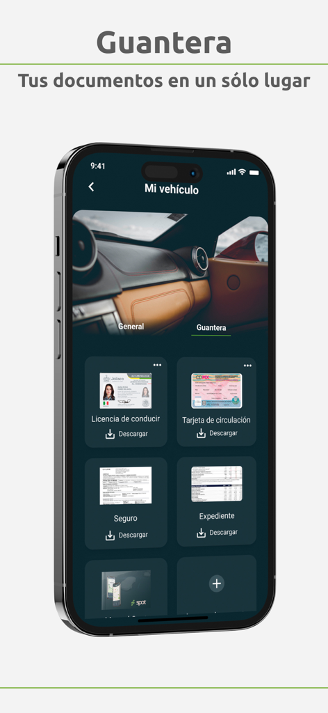 Resser Spot - Screenshot of the Resser Spot app showing the digital glove box feature for storing vehicle documents like driver license and insurance.