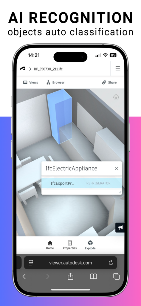 BIM Scanner mobile app showing AI recognition and automatic classification of a refrigerator as an IFC electric appliance in a 3D model