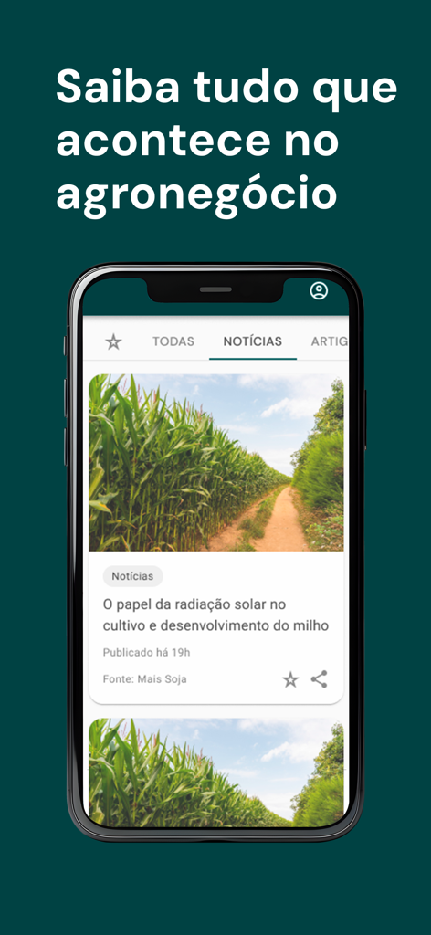 Aegro Negócios mobile app interface displaying agribusiness news and farming articles