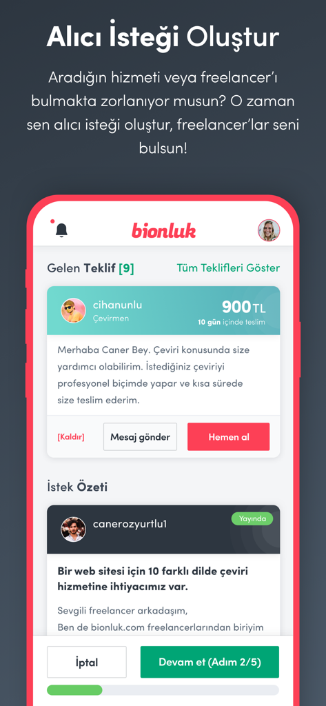 Bionluk App-Screenshot, der eine Käuferanfrage für Website-Übersetzungsdienste und eine Liste eingehender Freiberuflerangebote anzeigt.