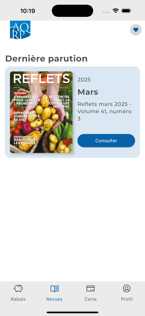 Tela do aplicativo móvel AQRP exibindo a edição mais recente da revista Reflets de março de 2025