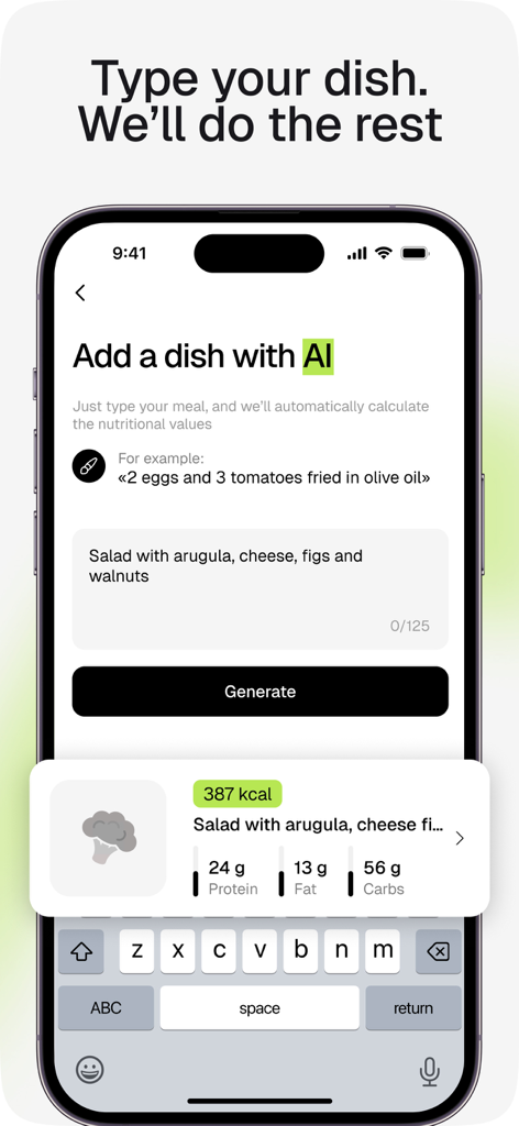 Interface of the Calori app showing AI-powered calorie and macro calculation from a typed meal description.