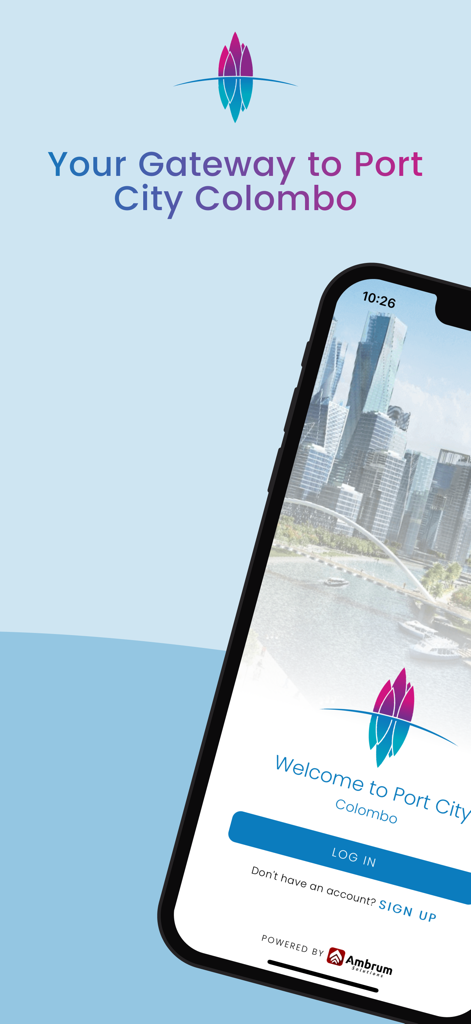 Teléfono inteligente mostrando la pantalla de bienvenida e inicio de sesión de la aplicación Port City Colombo con un fondo de ciudad futurista