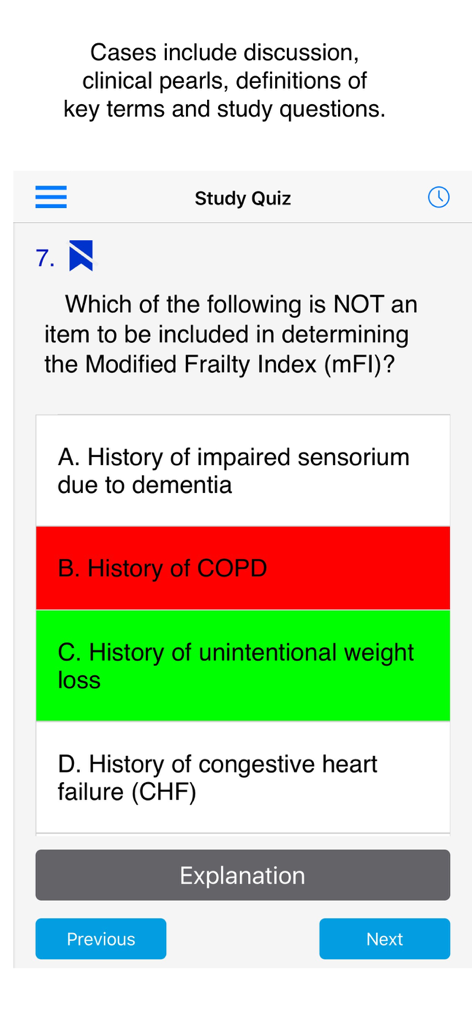 Study quiz screen in Case Files Surgery app showing a multiple choice medical question with correct and incorrect highlights